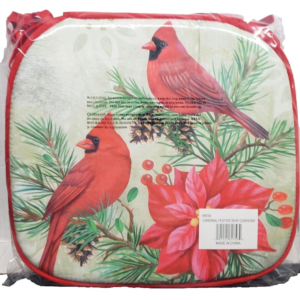 4 Cushion Chair Pads w/ties,15"x15", CHRISTMAS POINSETTIA & CARDINAL BIRDS #2,CE